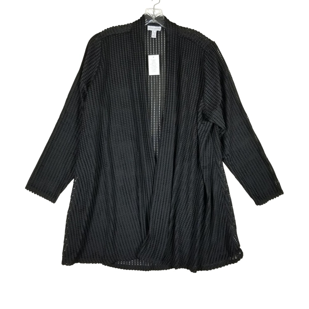 Susan Graver Cardigan Women 1X Black Mesh Open Front Textured Sweater A347244